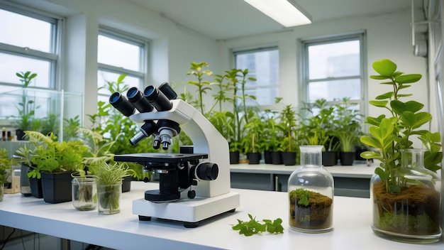 Bright laboratory with a white microscope on a bench surrounded by potted plants and glass terrariums